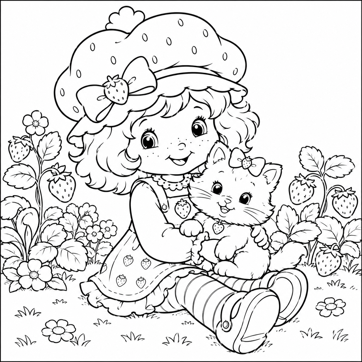 Strawberry Shortcake with Custard the Cat coloring page sitting cross-legged in a meadow